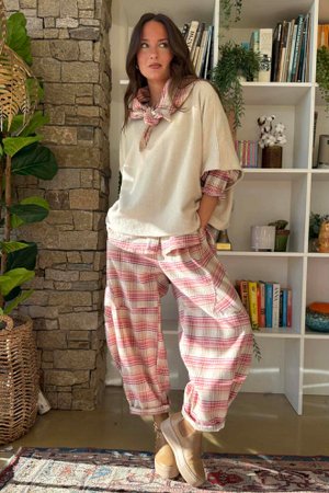 Agnes Plaid Brushed Cotton Barrel Pant Pink